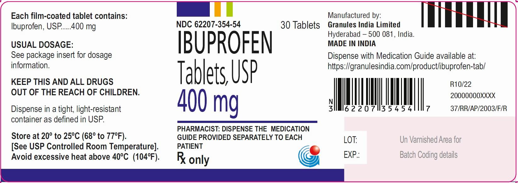 A box of 30 tablets of 400mg ibuprofen, manufactured by Granules India Limited in Hyderabad, India