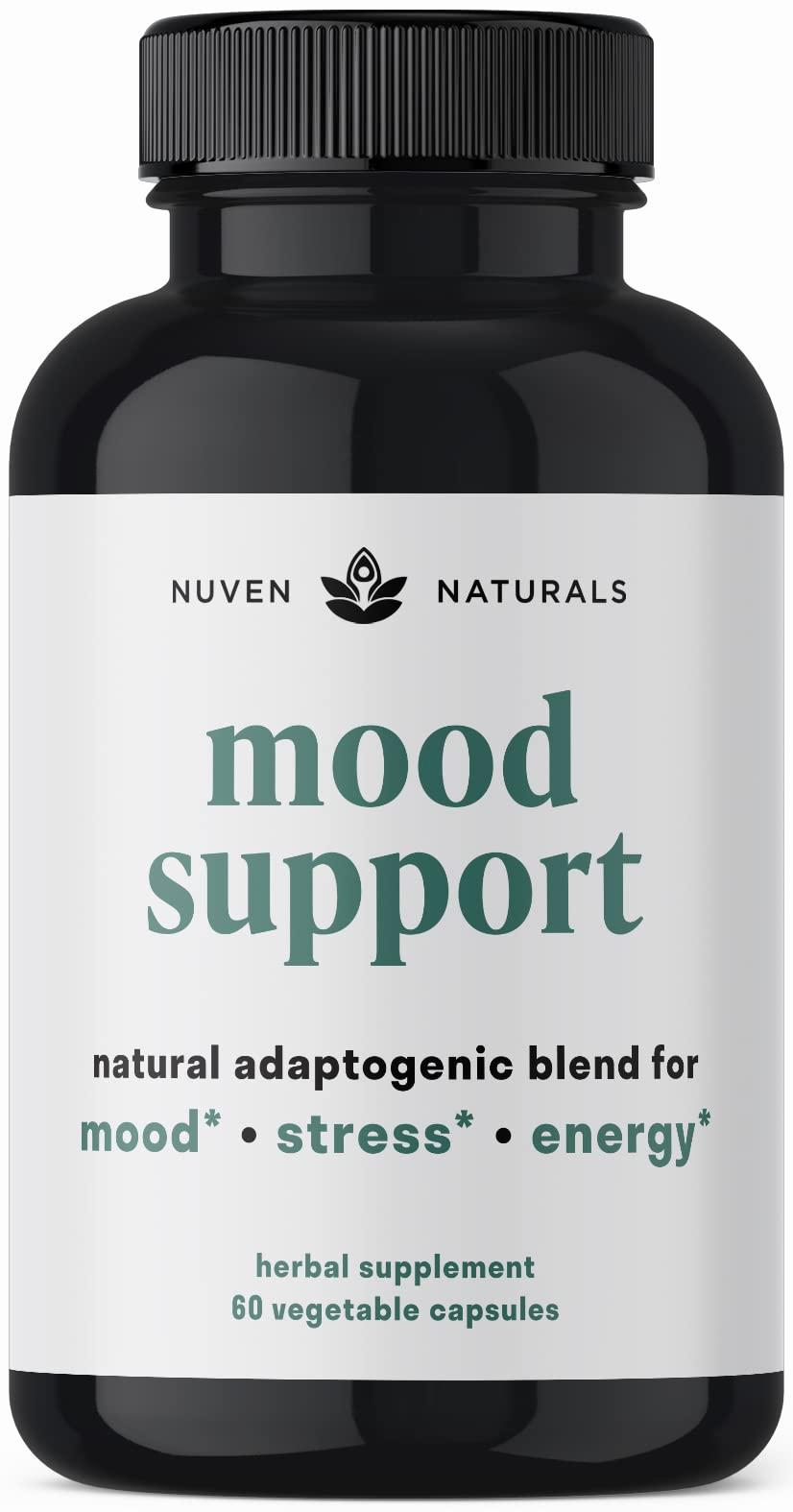 A black bottle of Nuven Naturals Mood Support capsules.