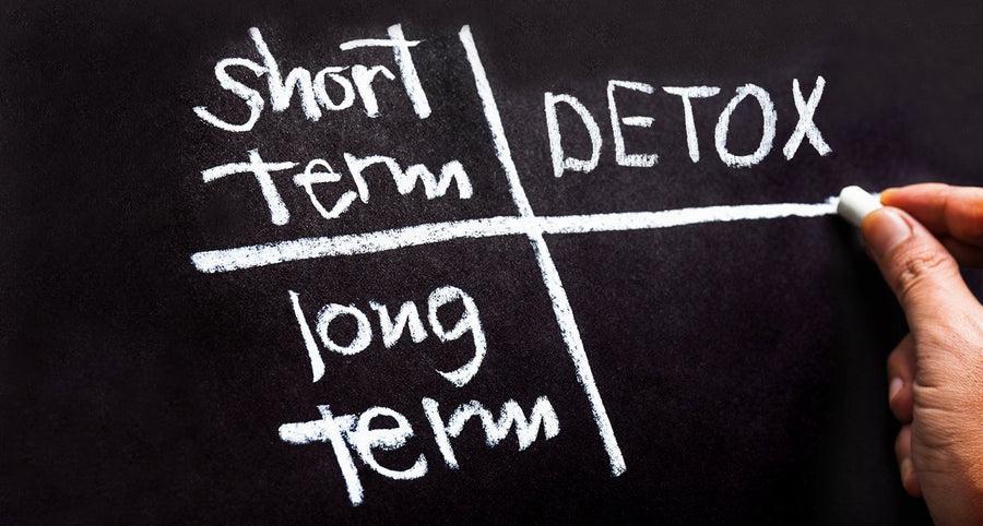 A hand is writing the words short term and long term on a blackboard, with the word detox written vertically between them.