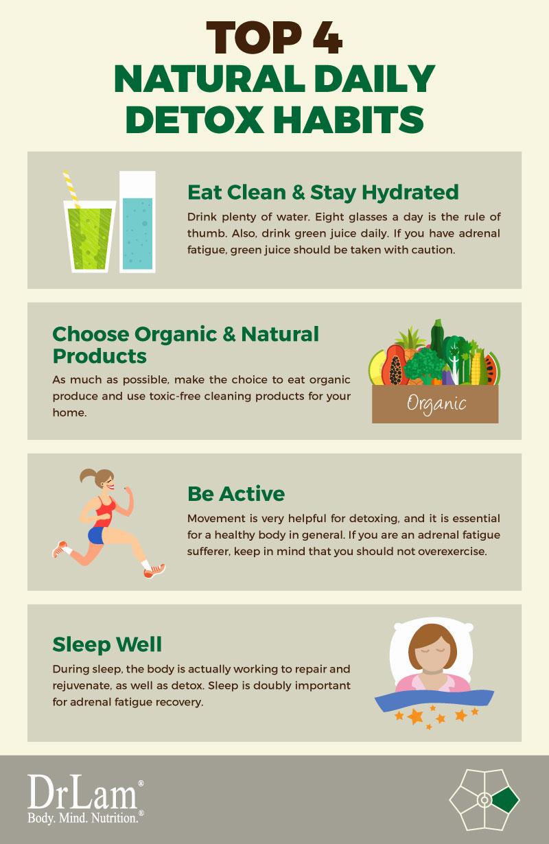 Four daily habits to help your body to detoxify naturally: drink water and green juice, eat organic produce, be active and sleep well.