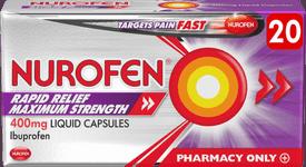 A purple and silver box of Nurofen Rapid Relief Maximum Strength 400mg ibuprofen liquid capsules.