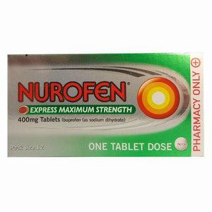 A green and silver box of Nurofen Express Maximum Strength 400mg tablets, ibuprofen sodium dihydrate.