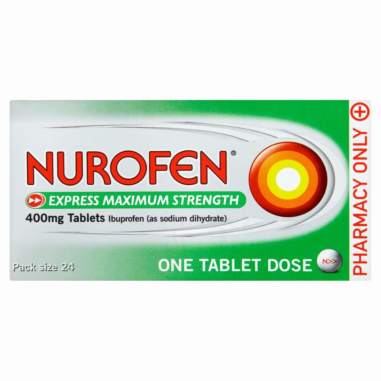 A green and white box of Nurofen Express Maximum Strength 400mg Tablets, containing 24 tablets of ibuprofen sodium dihydrate.