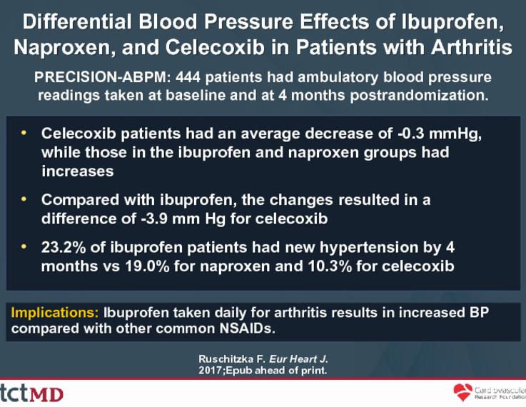 A study involving 444 patients with arthritis found that taking ibuprofen daily resulted in an increased blood pressure compared to other common NSAIDs.