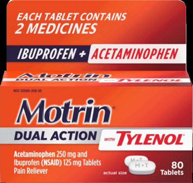 A box of Motrin Dual Action with Tylenol, a pain reliever containing 80 tablets.