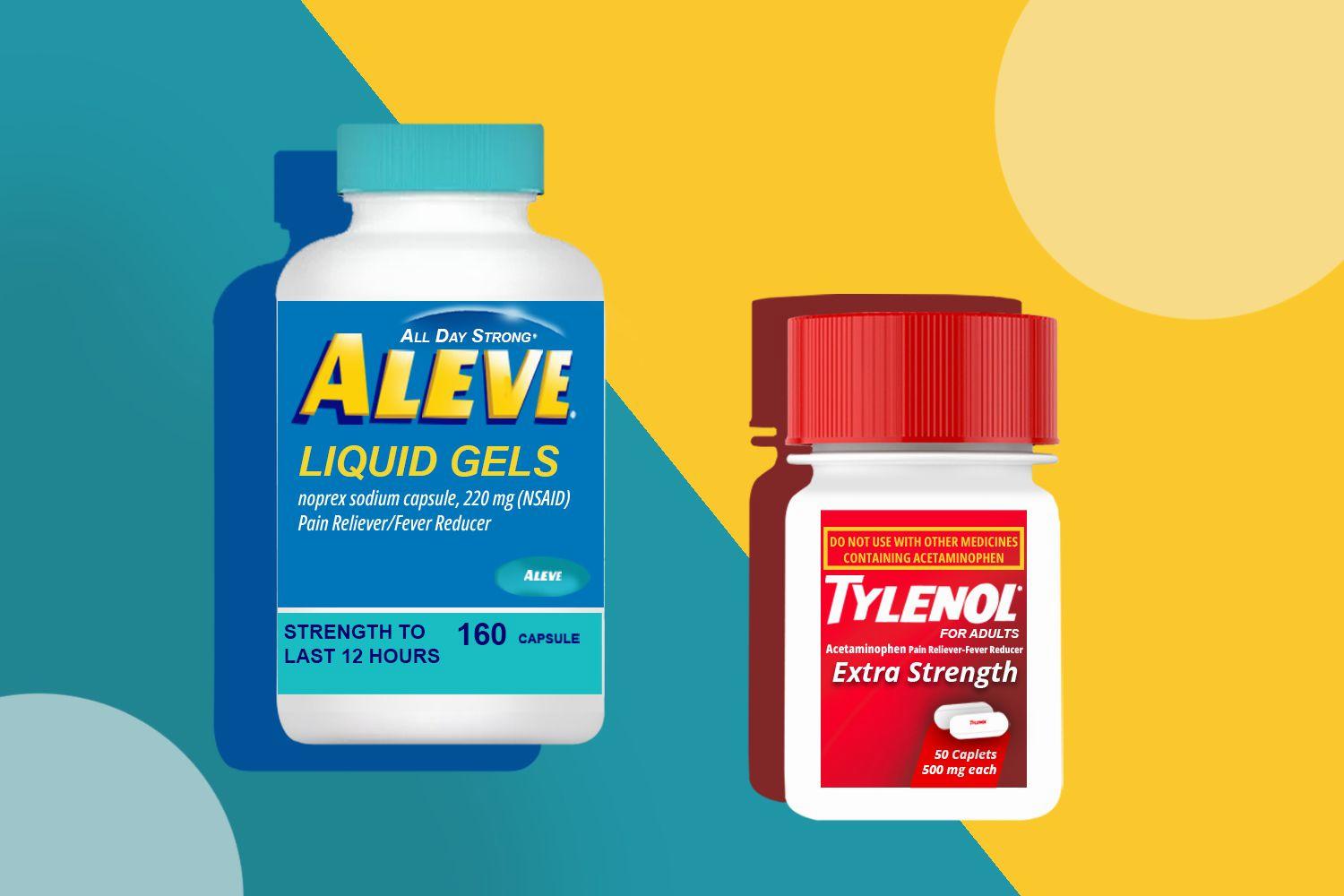 A blue and white bottle of Aleve Liquid Gels and a red and white bottle of Tylenol Extra Strength.