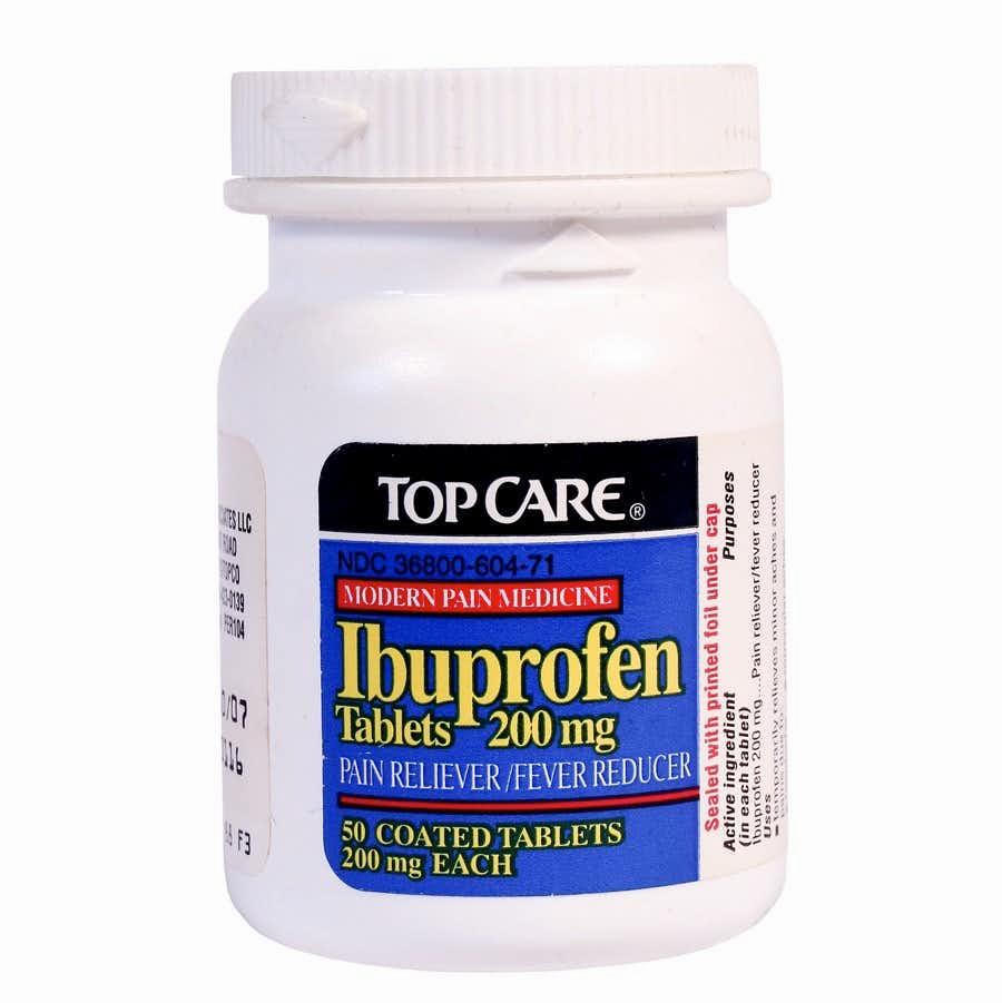 A white bottle of coated tablets containing 200mg of Ibuprofen, a pain reliever and fever reducer.