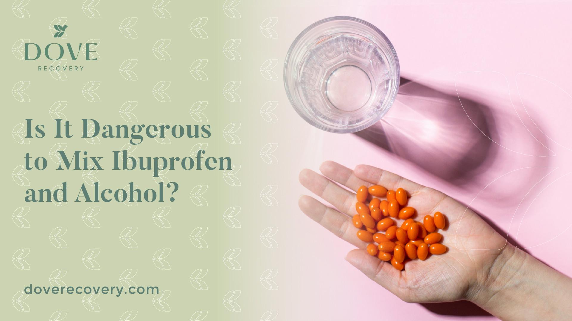 A hand holding a handful of orange ibuprofen pills next to a clear glass with water on a pink background with a green geometric pattern.