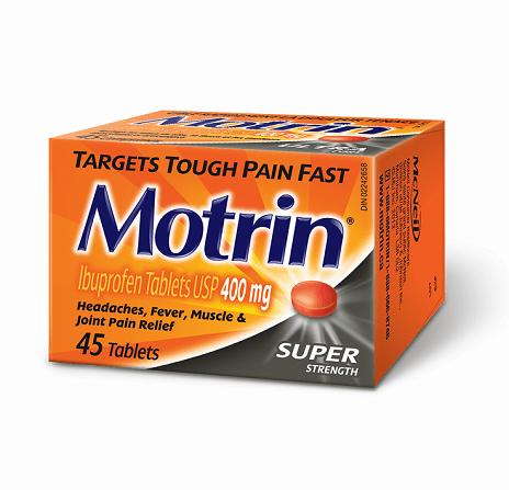 A box of Motrin, a brand of ibuprofen, a nonsteroidal anti-inflammatory drug (NSAID) used to relieve pain, fever, and inflammation.