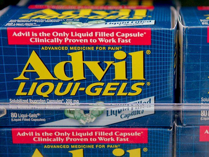 A blue and yellow box of Advil Liqui-Gels, a medication for pain relief.