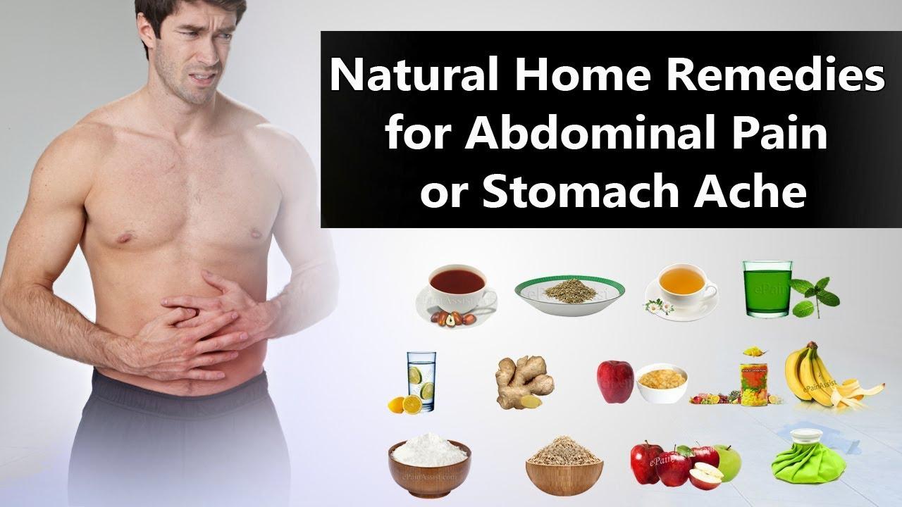 A man holding his stomach in pain with natural home remedies for abdominal pain or stomach-ache listed below.