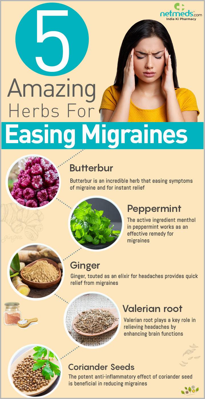 Five amazing herbs for easing migraines: butterbur, peppermint, ginger, valerian root, and coriander seeds.