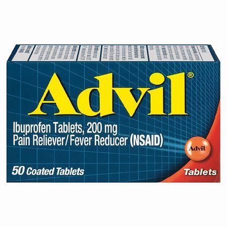 A blue and orange box of Advil pain reliever tablets.