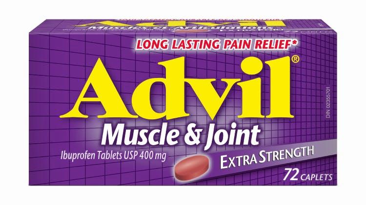 A purple and yellow box of Advil Extra Strength caplets for muscle and joint pain.