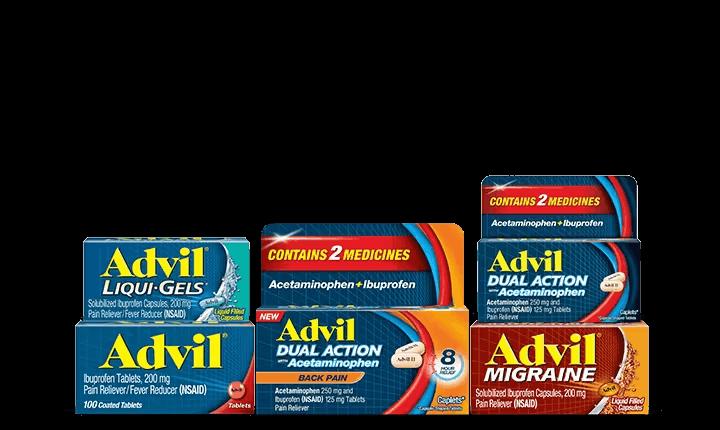 Advil pain relievers are shown in various forms including caplets, coated tablets, and liquid gels.