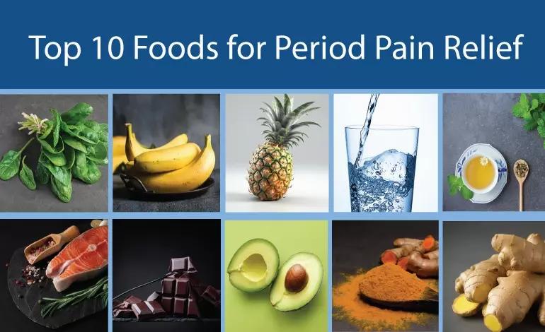 An illustration showing ten different foods that can help relieve period pain.