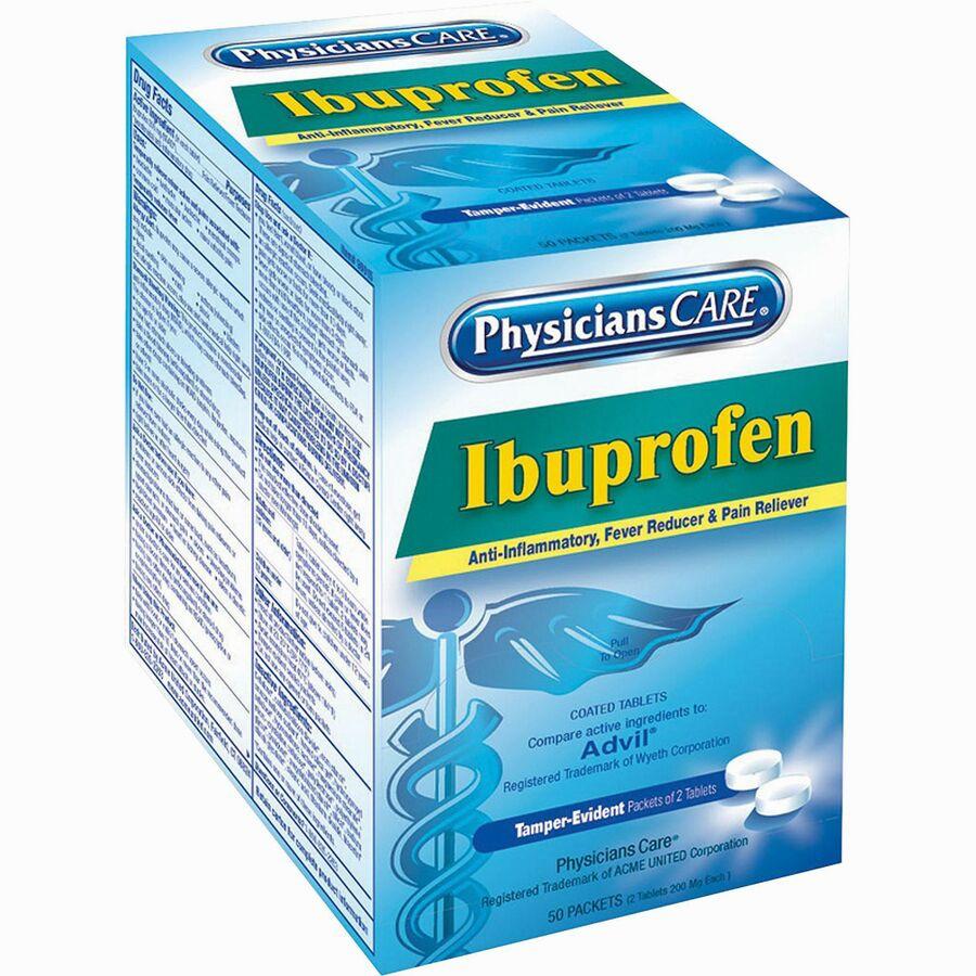 A box of 50 coated tablets of Physicians Care Ibuprofen, an anti-inflammatory, fever reducer, and pain reliever.
