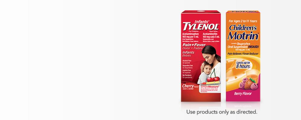 A baby and a toddler hold up bottles of Tylenol and Motrin, respectively.