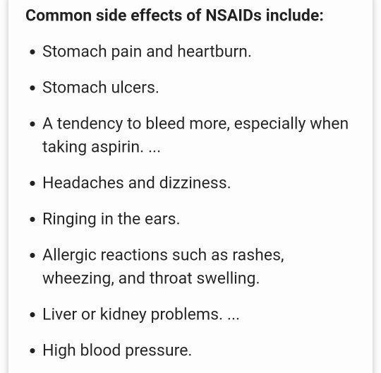 A list of common side effects of NSAIDs, including stomach pain, ulcers, bleeding, headaches, dizziness, ringing in the ears, allergic reactions, liver or kidney problems, and high blood pressure.