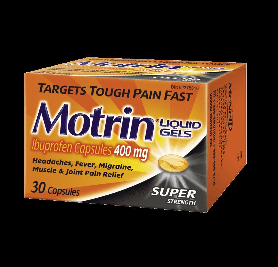 A box of Motrin Liquid Gels, a medication for pain relief.