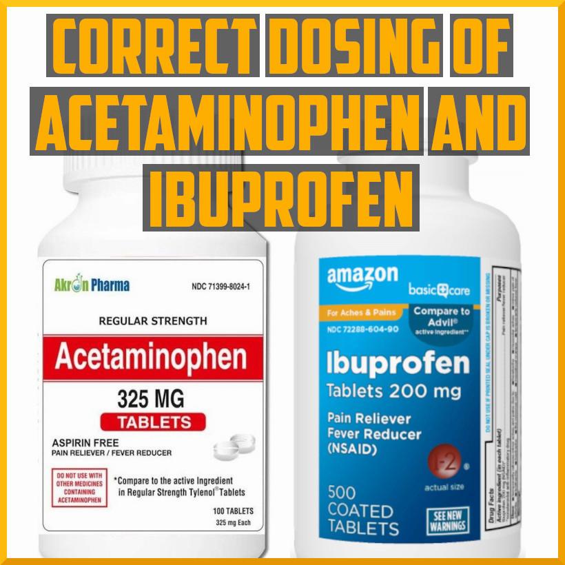 A pill bottle of regular strength acetaminophen on the left and a bottle of coated ibuprofen tablets on the right.