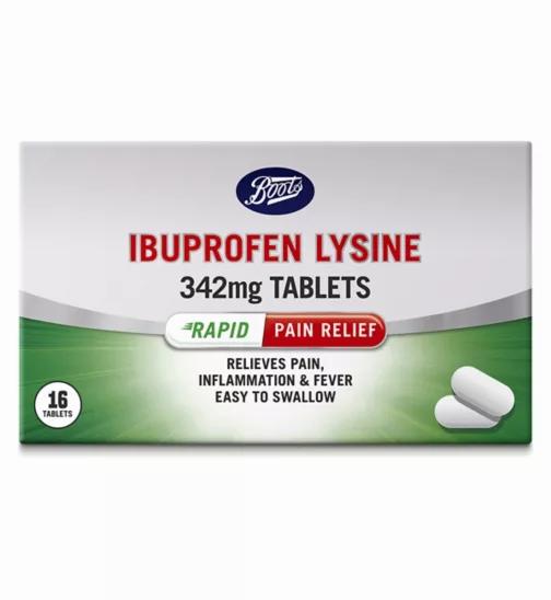 A box of Boots ibuprofen lysine 342mg tablets, a rapid pain relief medication.