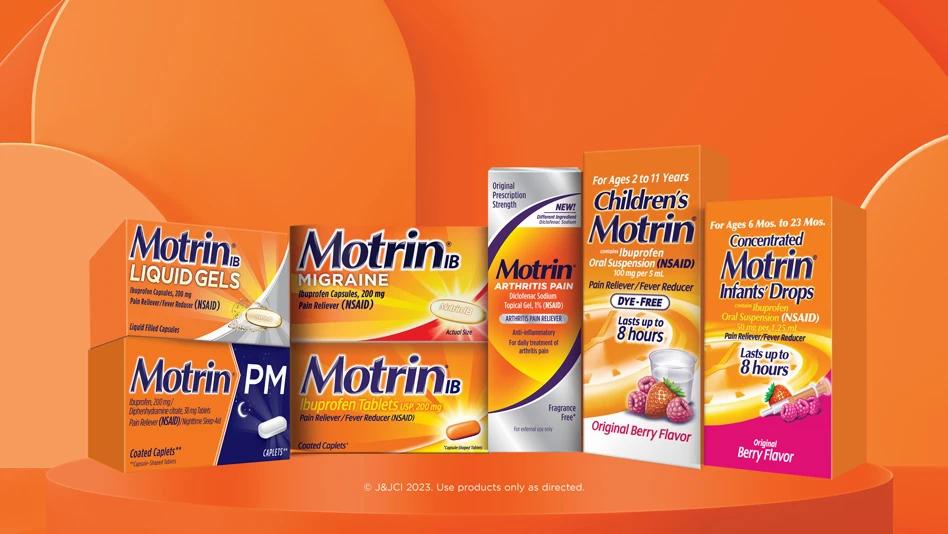 A range of Motrin products are displayed, including liquid gels, tablets, and infant drops.