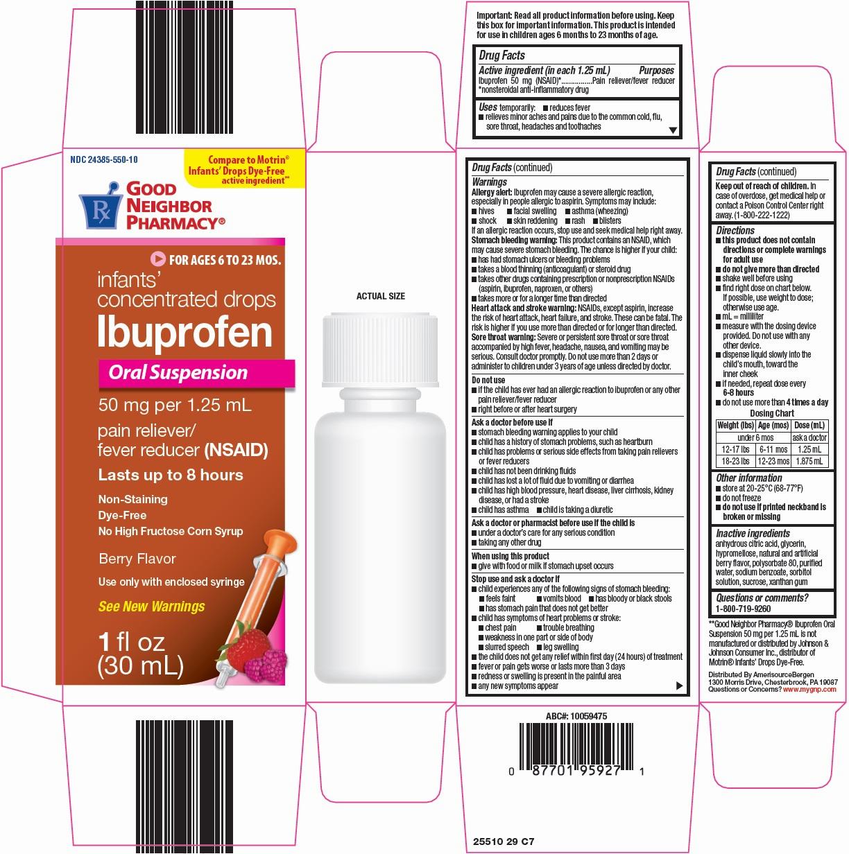 A box of Good Neighbor Pharmacy Infants Concentrated Drops Ibuprofen, a pain reliever and fever reducer for children ages 6 to 23 months.
