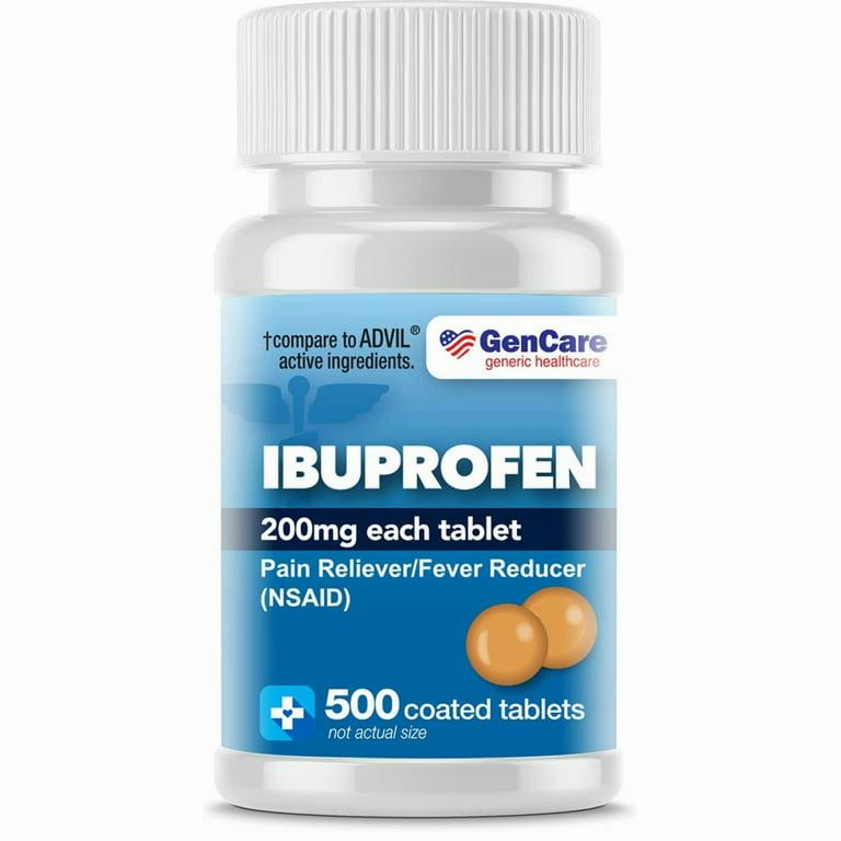 A white bottle of coated ibuprofen tablets with a red and blue label.