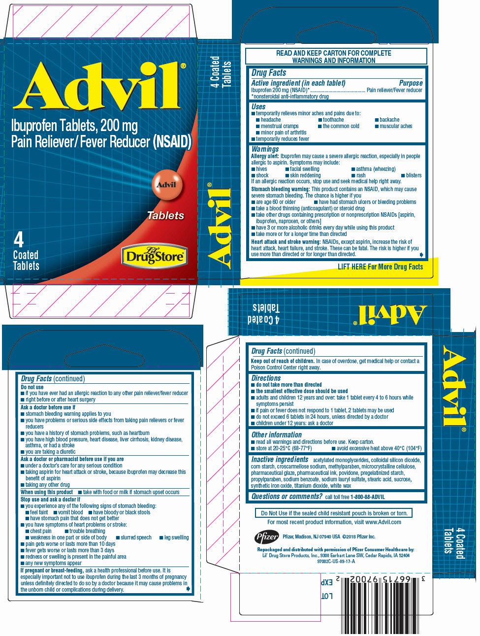 A box of Advil pain relievers, containing 4 coated tablets of 200mg each.