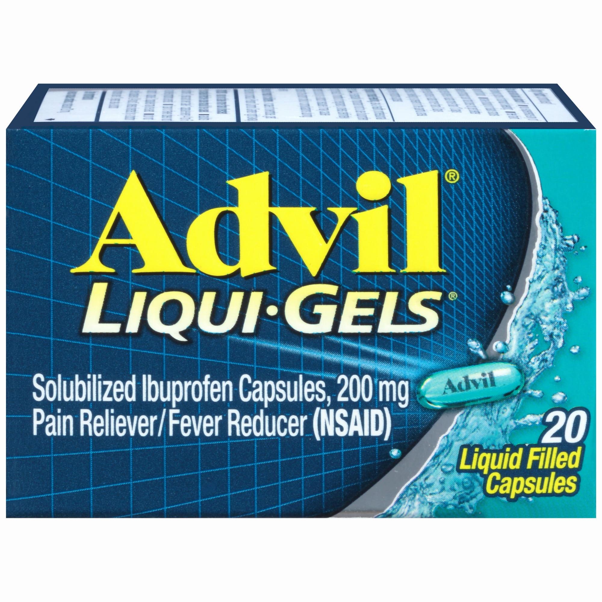 A blue and green box of Advil Liqui-Gels, a pain reliever and fever reducer.