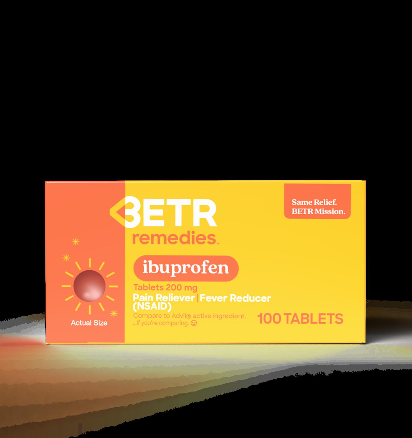 A box of Betr Remedies Ibuprofen tablets, a pain reliever and fever reducer.