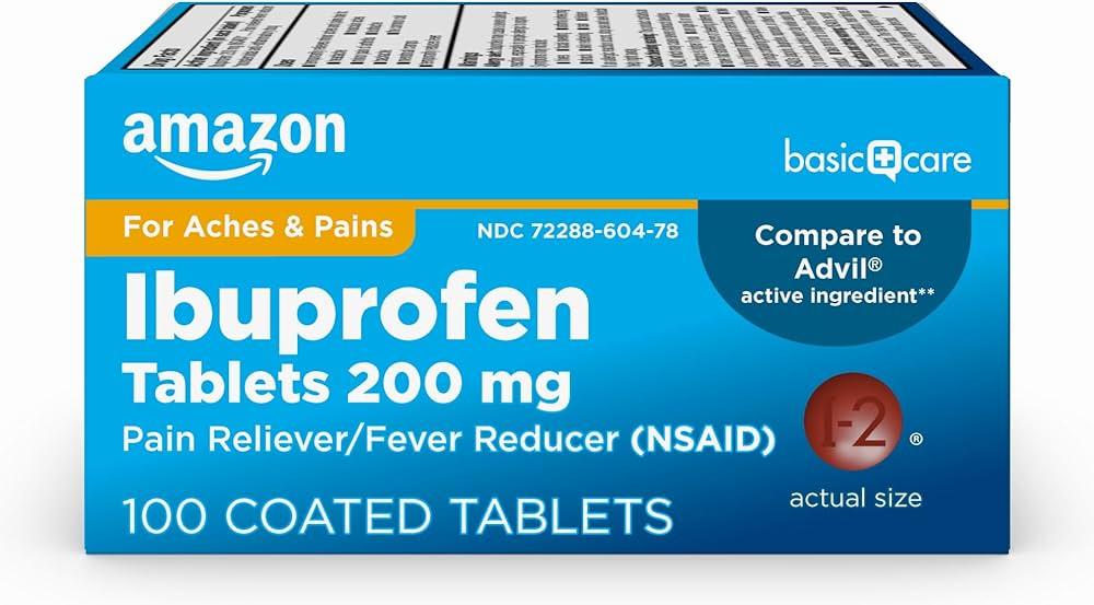 A blue and white box of Ibuprofen tablets, an over-the-counter pain reliever.