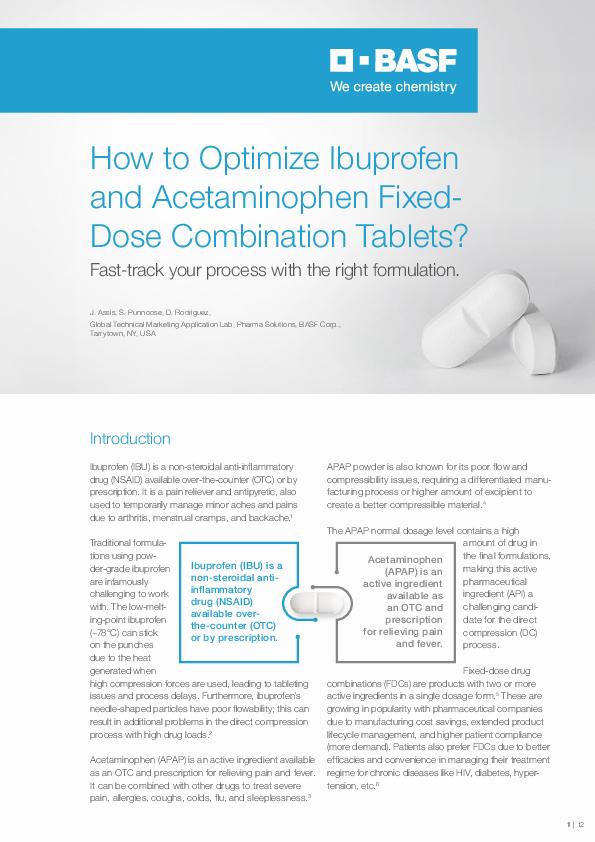 A graphic explaining how to optimize ibuprofen and acetaminophen fixed-dose combination tablets.