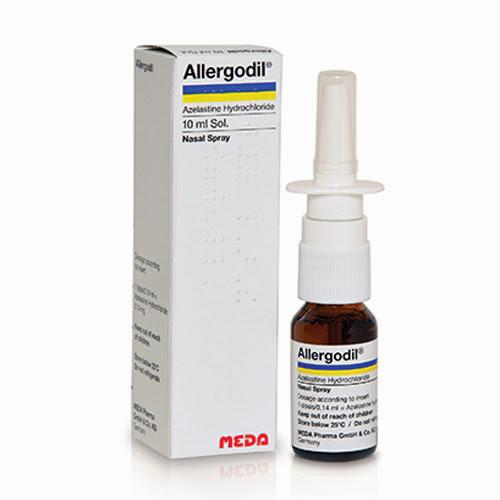 A brown bottle of Allergodil nasal spray sits in front of its box.