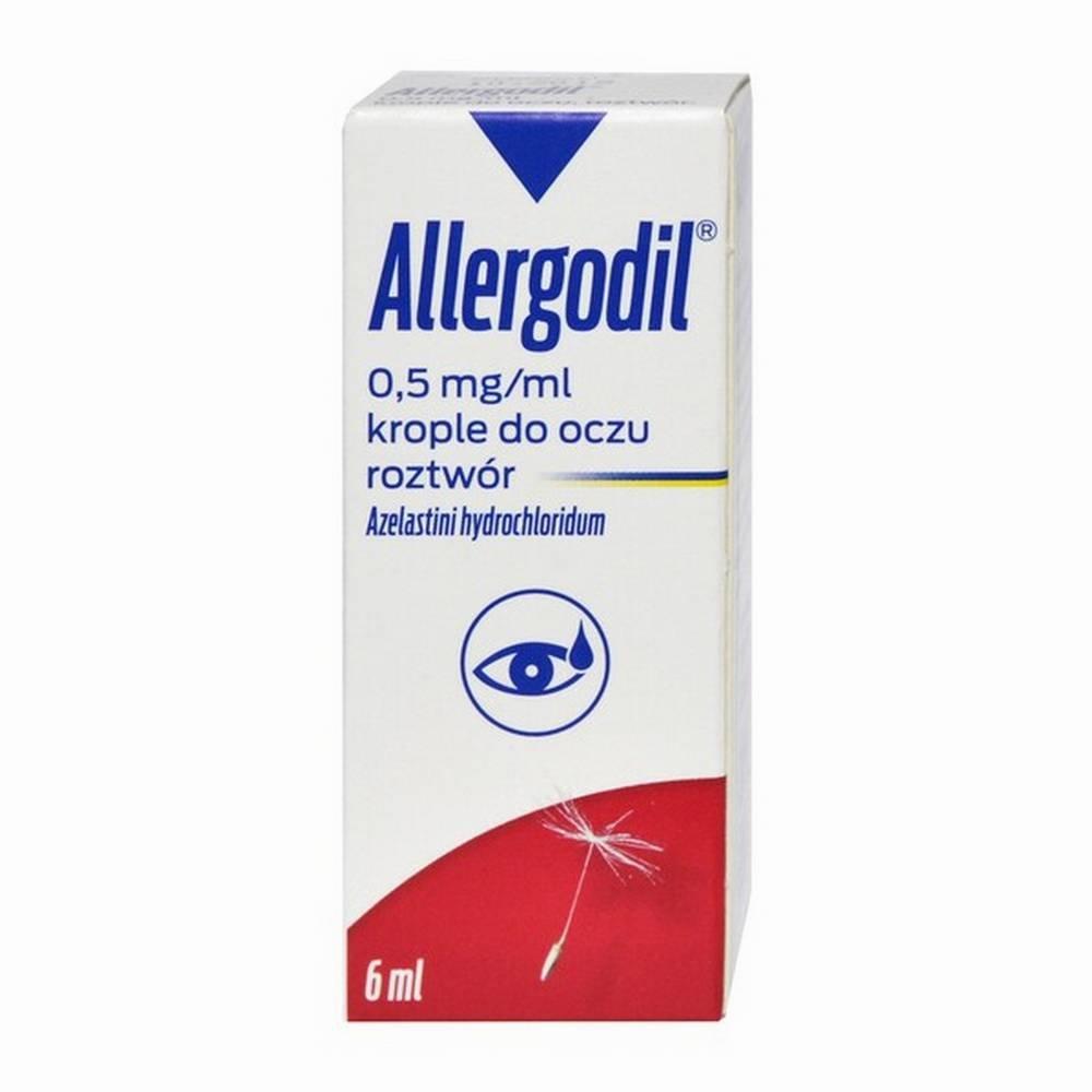 The image shows a box of Allergodil eye drops, a medication used to treat eye allergies.