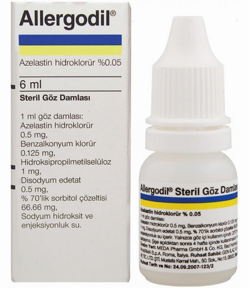 A box of Allergodil eye drops, a medication used to treat allergic reactions in the eyes.