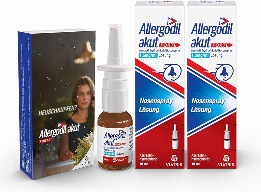 Two boxes of Allergodil akut FORTE nasal spray, each containing a 10ml bottle of 1.5mg/ml azelastine hydrochloride solution.
