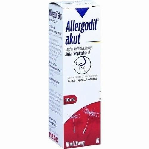 A box of Allergodil akut, a nasal spray solution containing 1 mg/ml of azelastine hydrochloride.