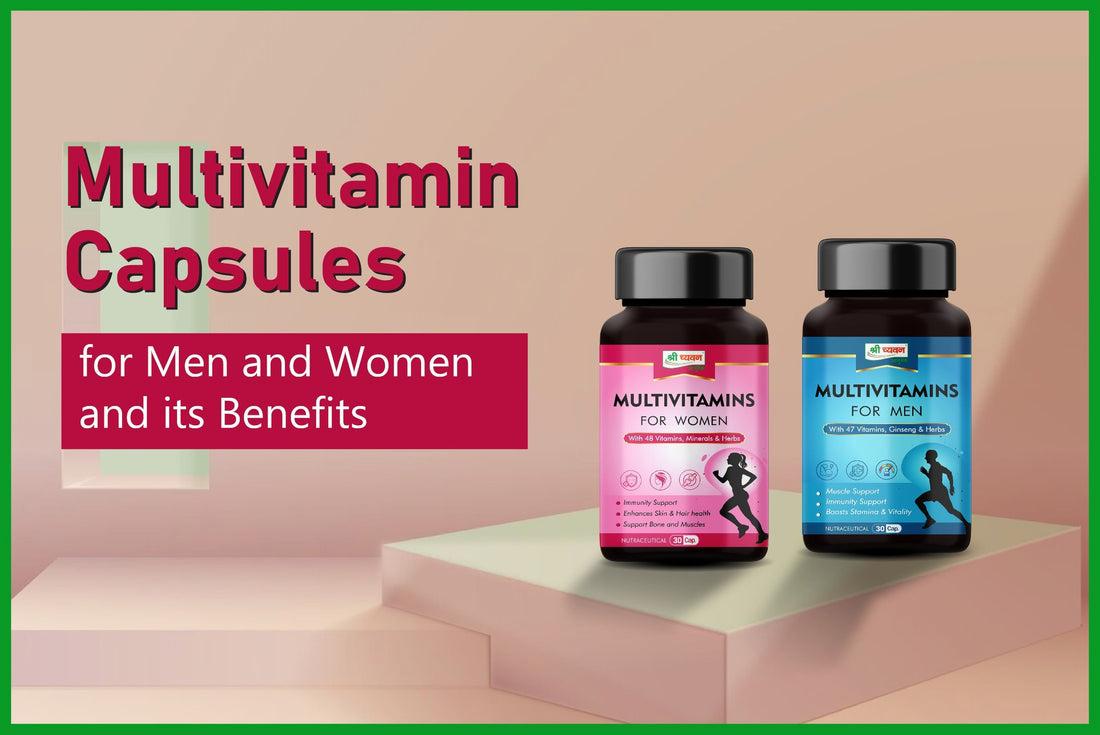 A bottle of multivitamins for men and women with a list of the vitamins and minerals they contain.