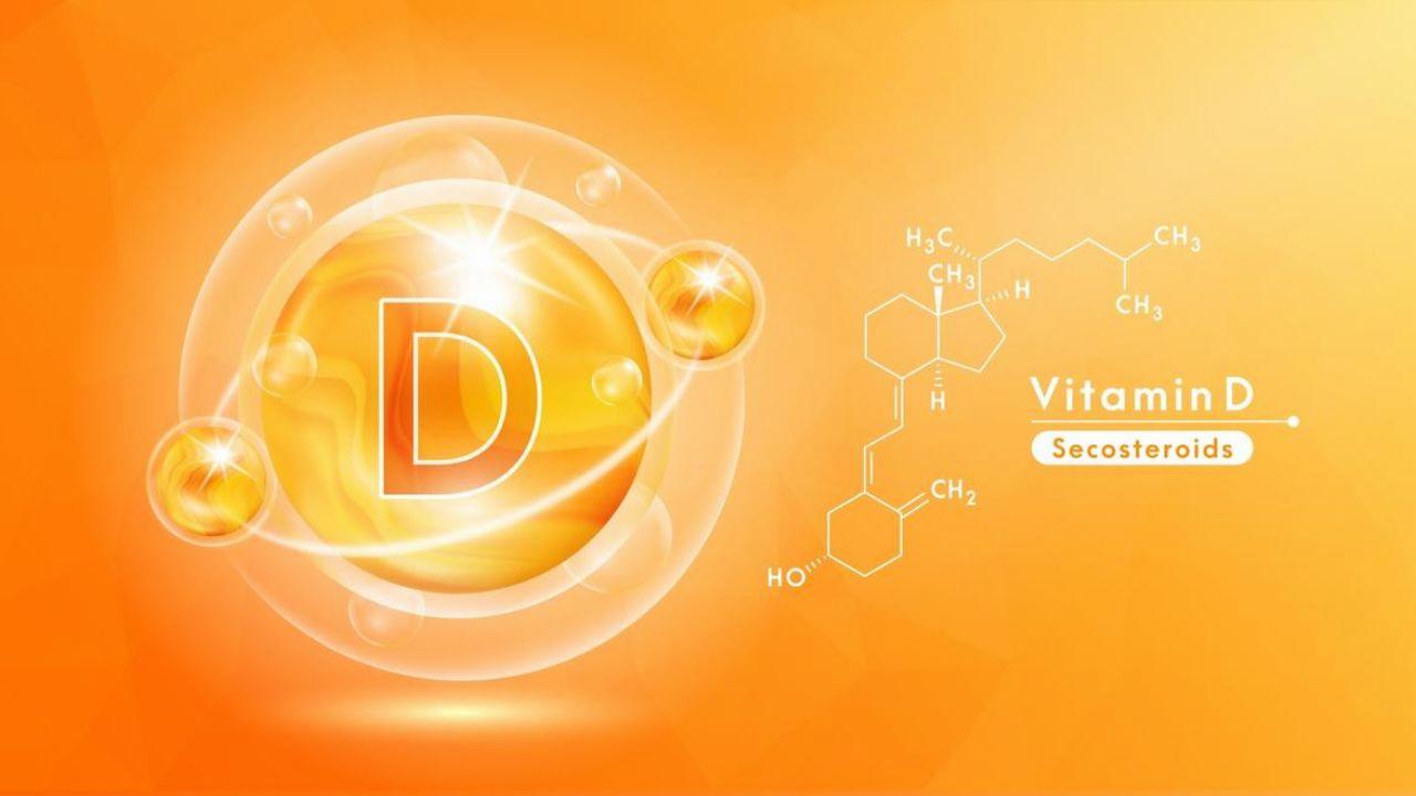 A 3D rendering of a vitamin D capsule with a molecular structure on an orange background.