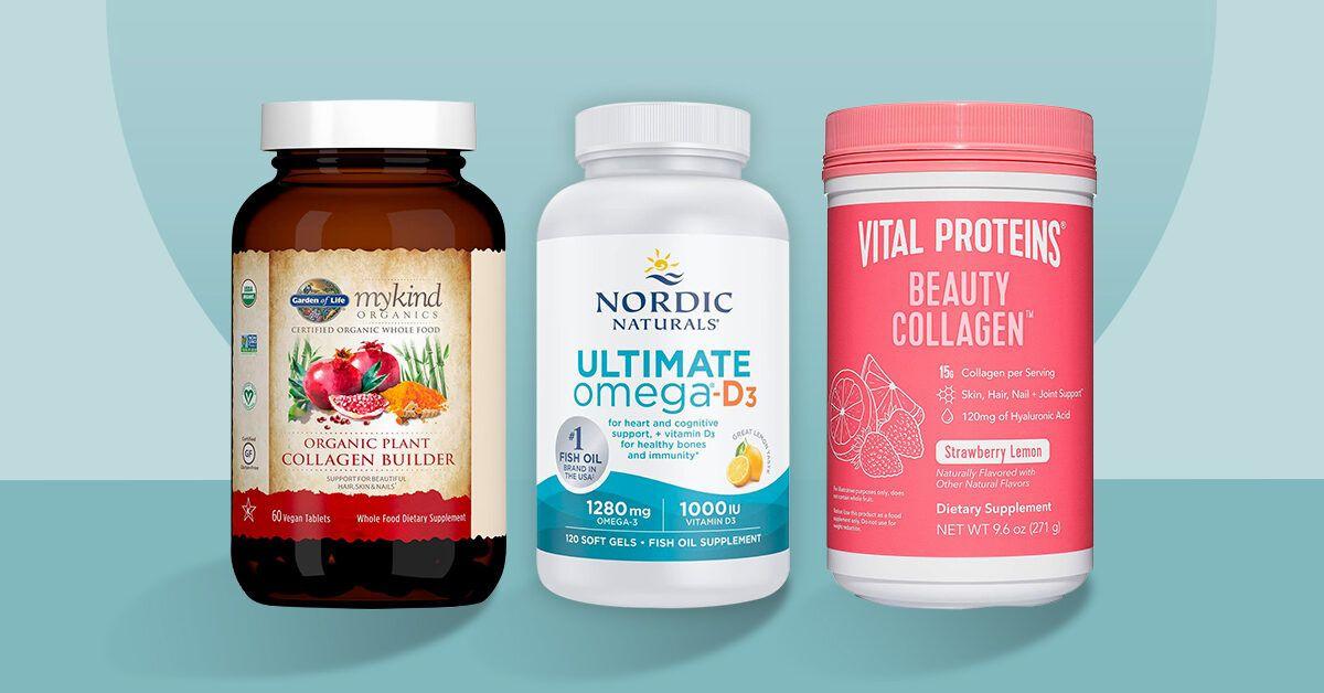 Three bottles of supplements, including mykind Organics Collagen Builder, Nordic Naturals Ultimate Omega-D3, and Vital Proteins Beauty Collagen.