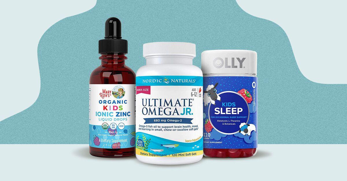 A variety of supplements for children, including zinc drops, omega-3 gummies, and melatonin gummies.
