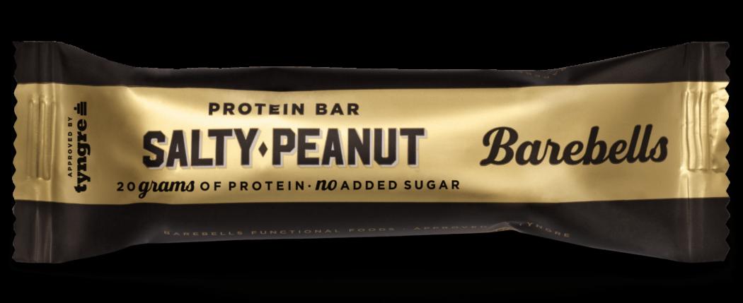 A protein bar with 20 grams of protein and no added sugar in a gold wrapper with brown text.