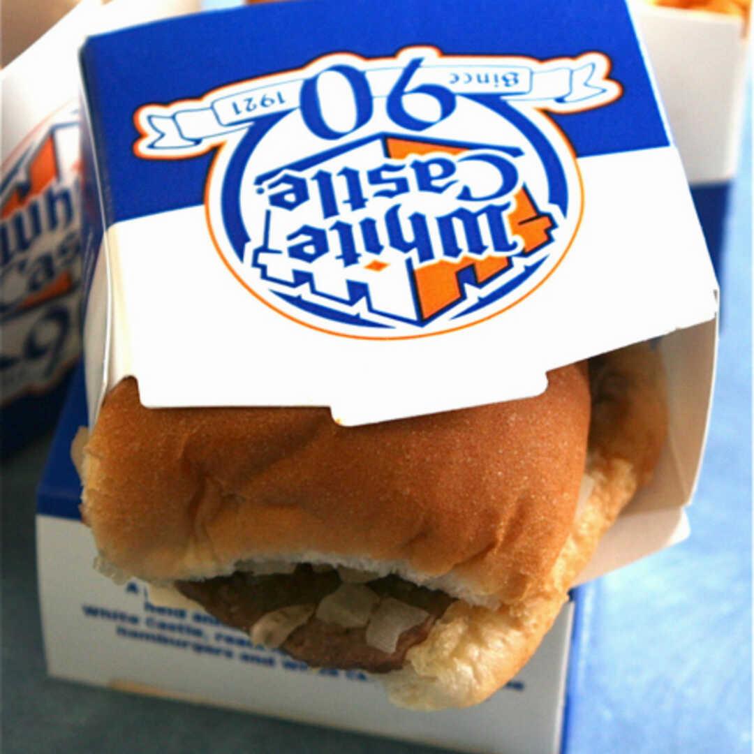 A White Castle slider hamburger on a blue and white cardboard box.