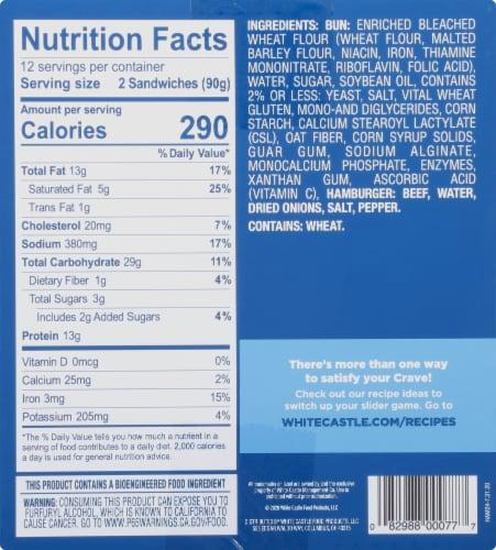 The image shows a nutrition label for a White Castle hamburger slider.