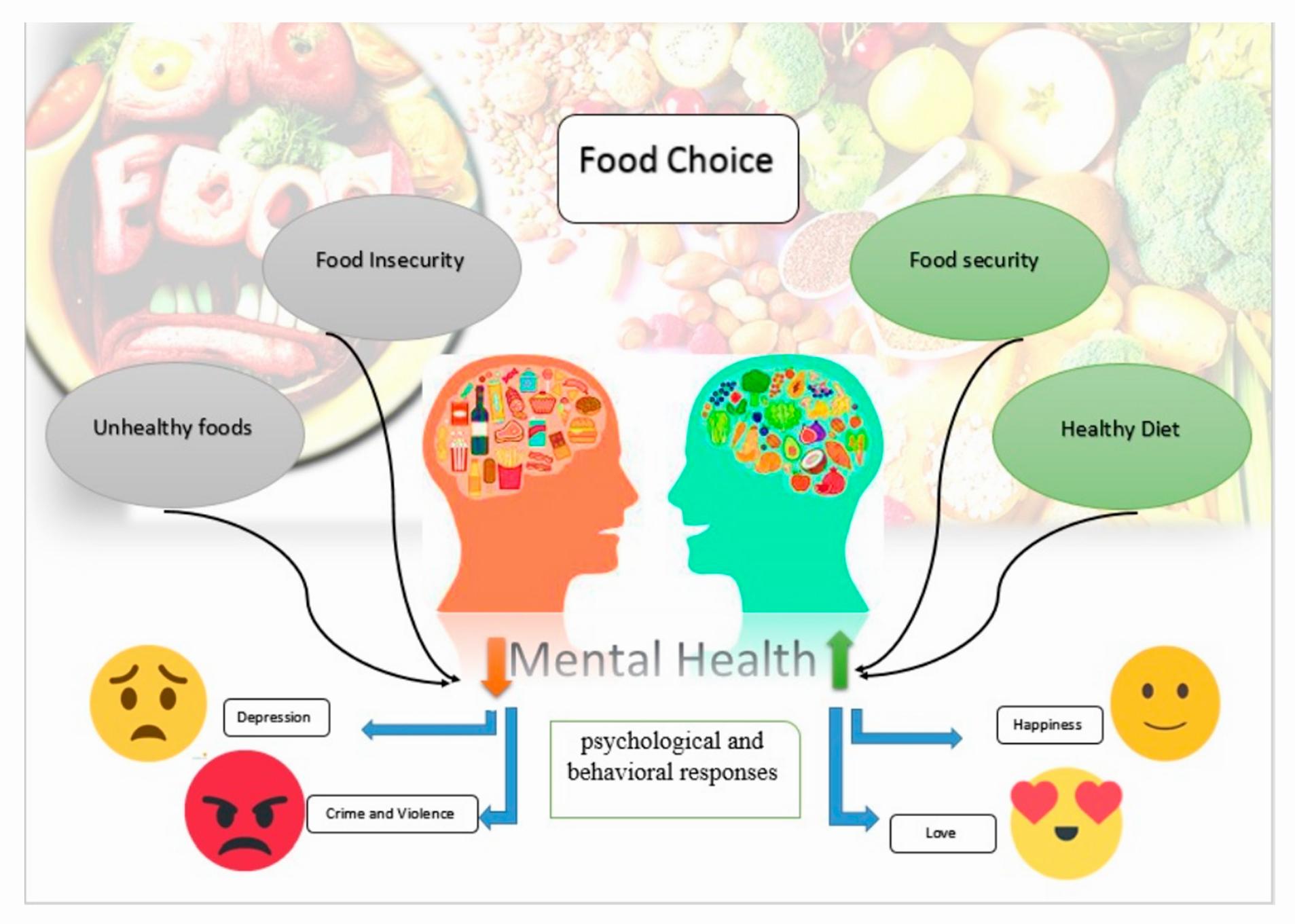 A graphic showing the relationship between food choice, mental health, and food security.