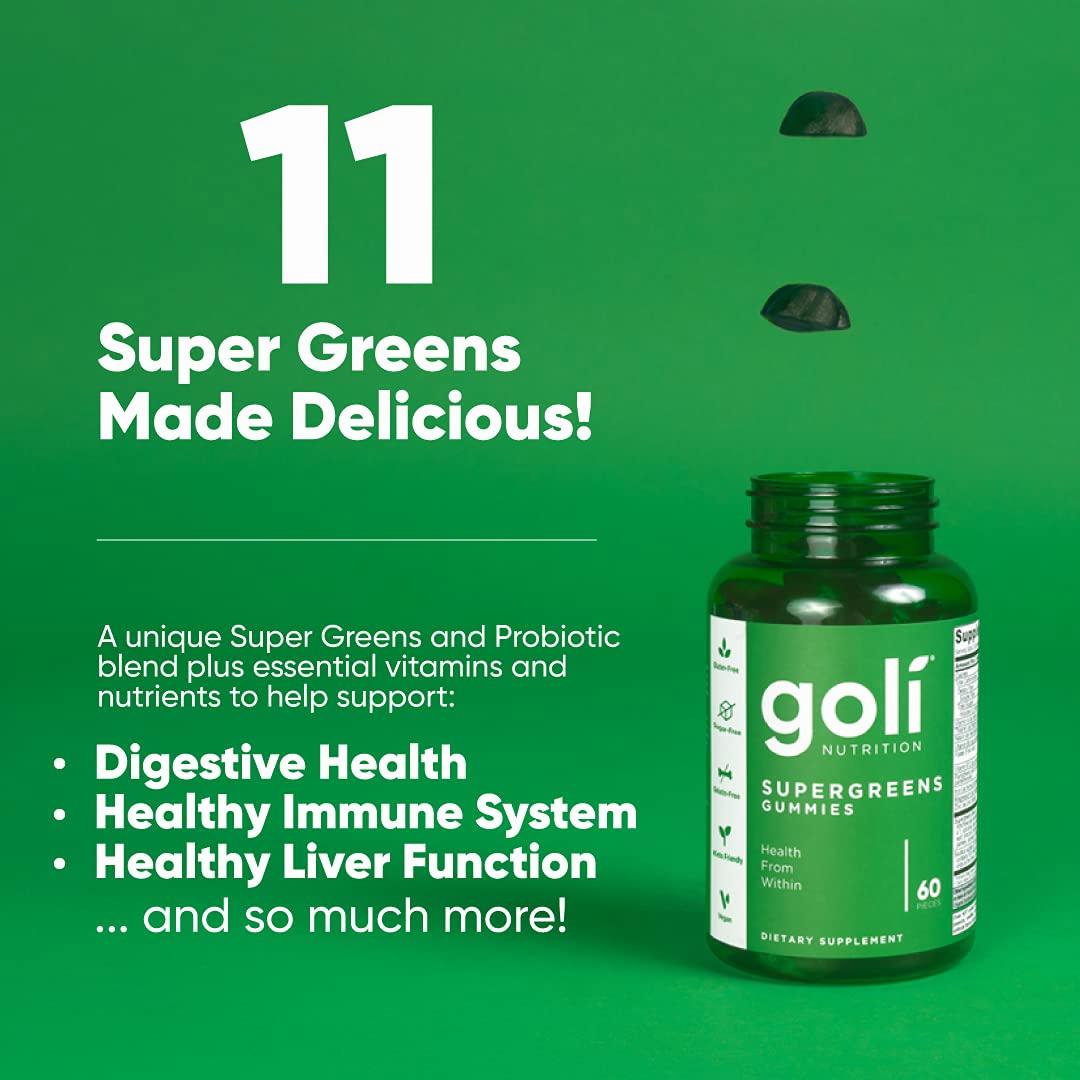 A bottle of Goli Supergreens gummies with a green label that says 11 Super Greens Made Delicious! A unique Super Greens and Probiotic blend plus essential vitamins and nutrients to help support: Digestive Health, Healthy Immune System, Healthy Liver Function ... and so much more!