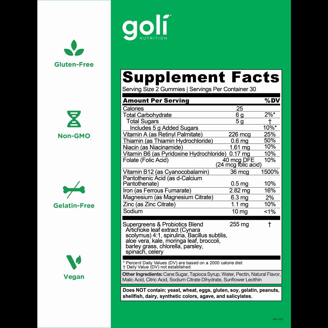 A supplement facts table for Goli Nutrition Supergreens & Probiotics gummies.
