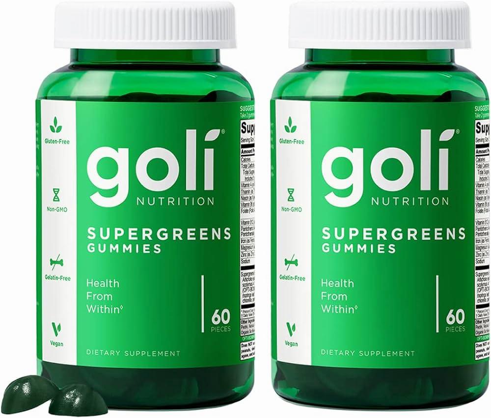 Two bottles of Goli Supergreens gummies, a dietary supplement made with plant-based ingredients.